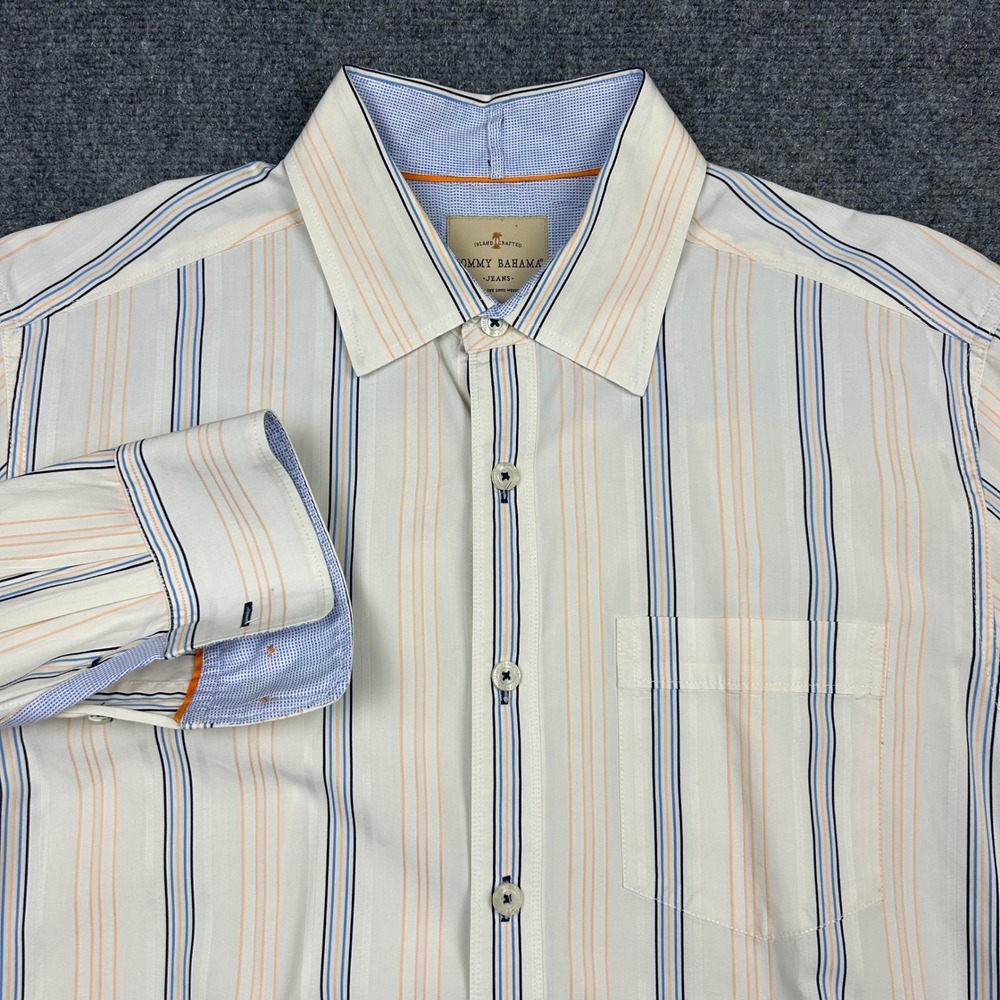 VTG Tommy Bahama‎ Button Up Shirt Mens L Cream Striped Coastal Island Crafted
